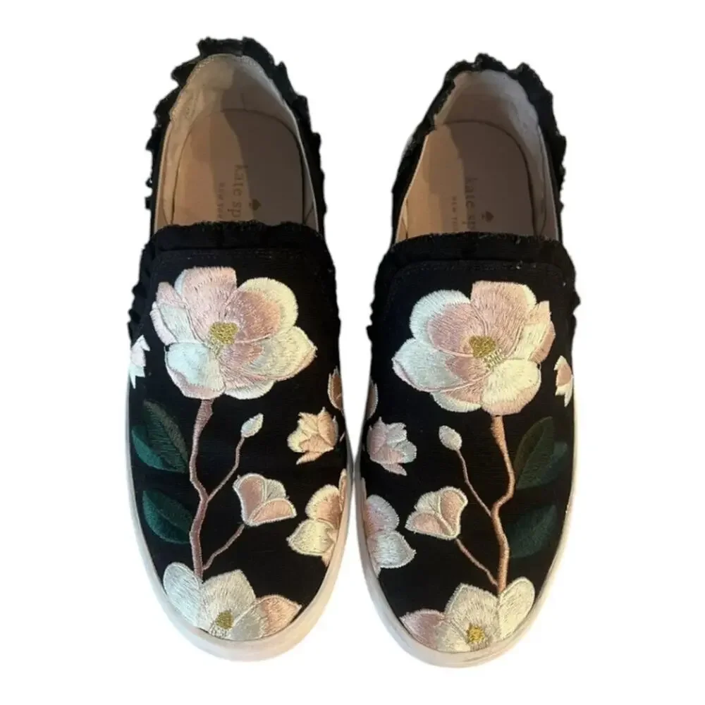 Kate Spade Leonie Ruffled Canvas Sneakers Embroidered Floral 7 MSRP $150‎